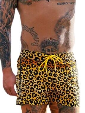 Tucann Men's Leopard Print Gold Swim Trunks Lined Short Shorts Large